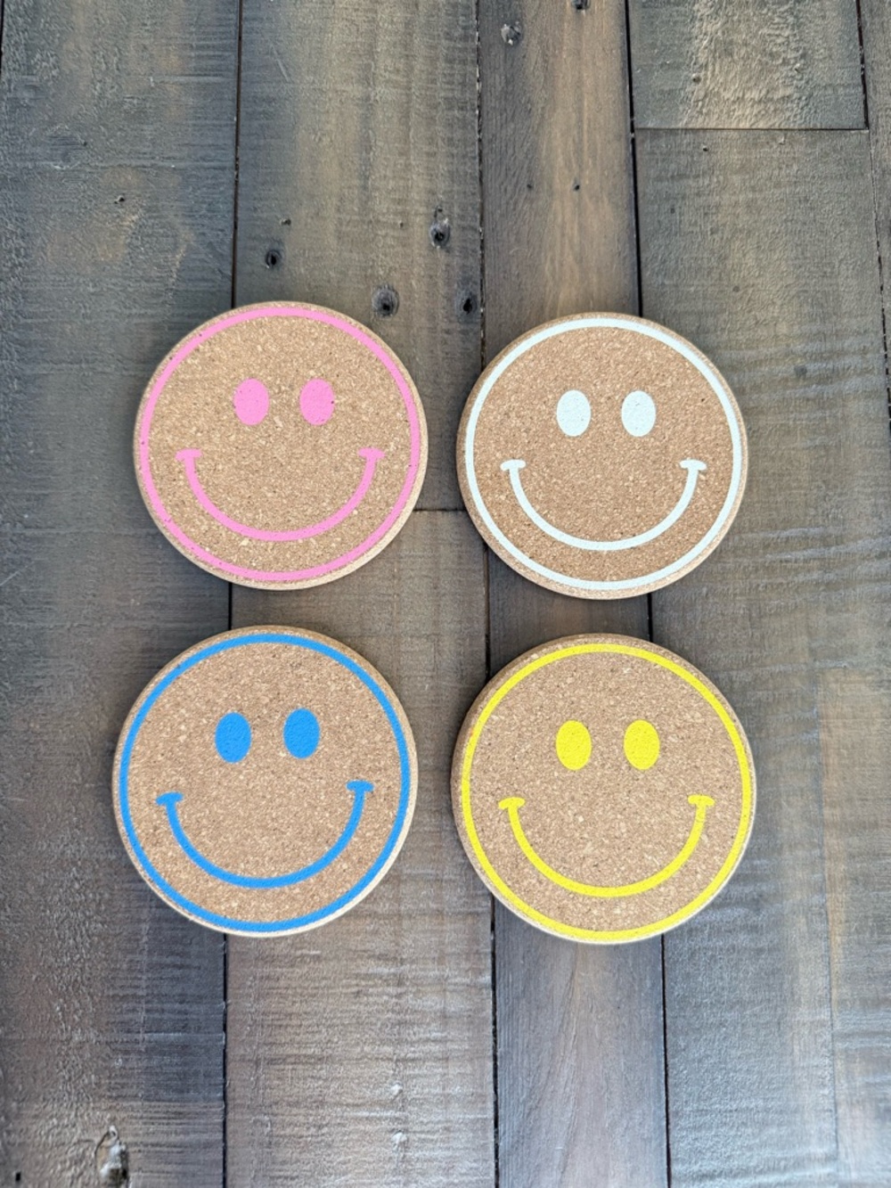 Y2K Smiley Cork Coasters - Pink, White, Blue, Yellow (Set of 4)